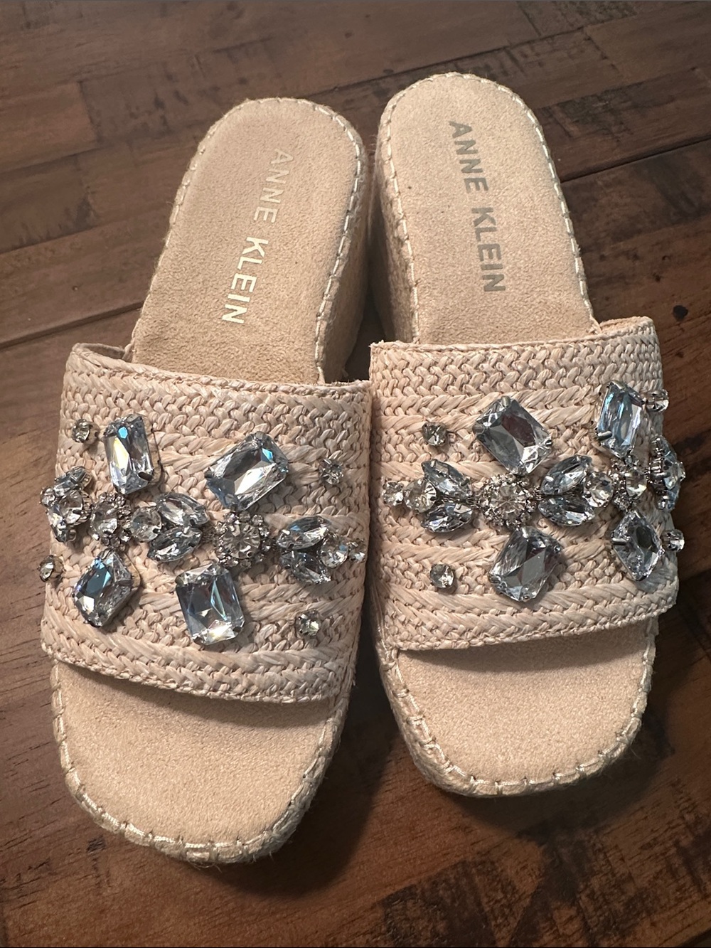 Anne Klein Crystal-Embellished Raffia Slide Sandals in Beige